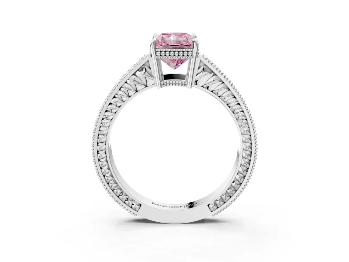 Fancy Pink Radiant Cut Cut Diamond Milgrain Pave Band Four-Prong Setting Ring Platinum