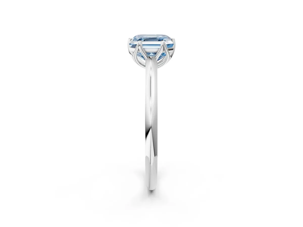 Fancy Blue Asscher Cut Solitaire Cathedral Diamond Ring with Six-Prong Setting Platinum
