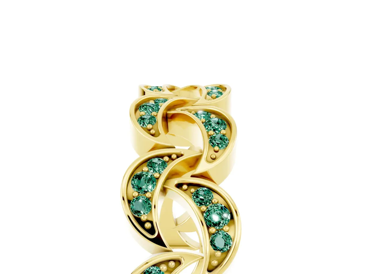 Pavé Round Green Sapphire Interlocking Eternity Band with Bezel Prong Setting Yellow gold