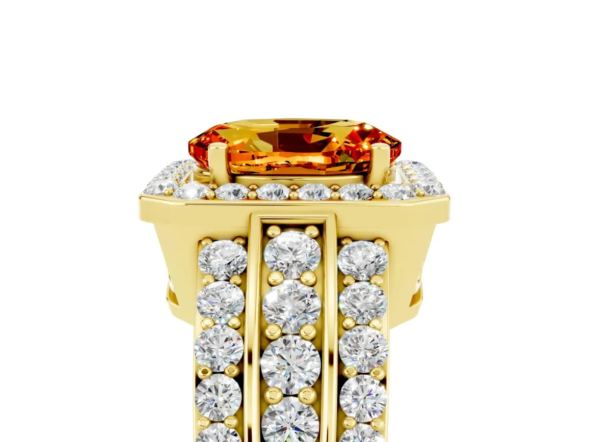 Oval Cut Halo Citrine Ring with Round Split Shank and Prong Setting Yellow gold