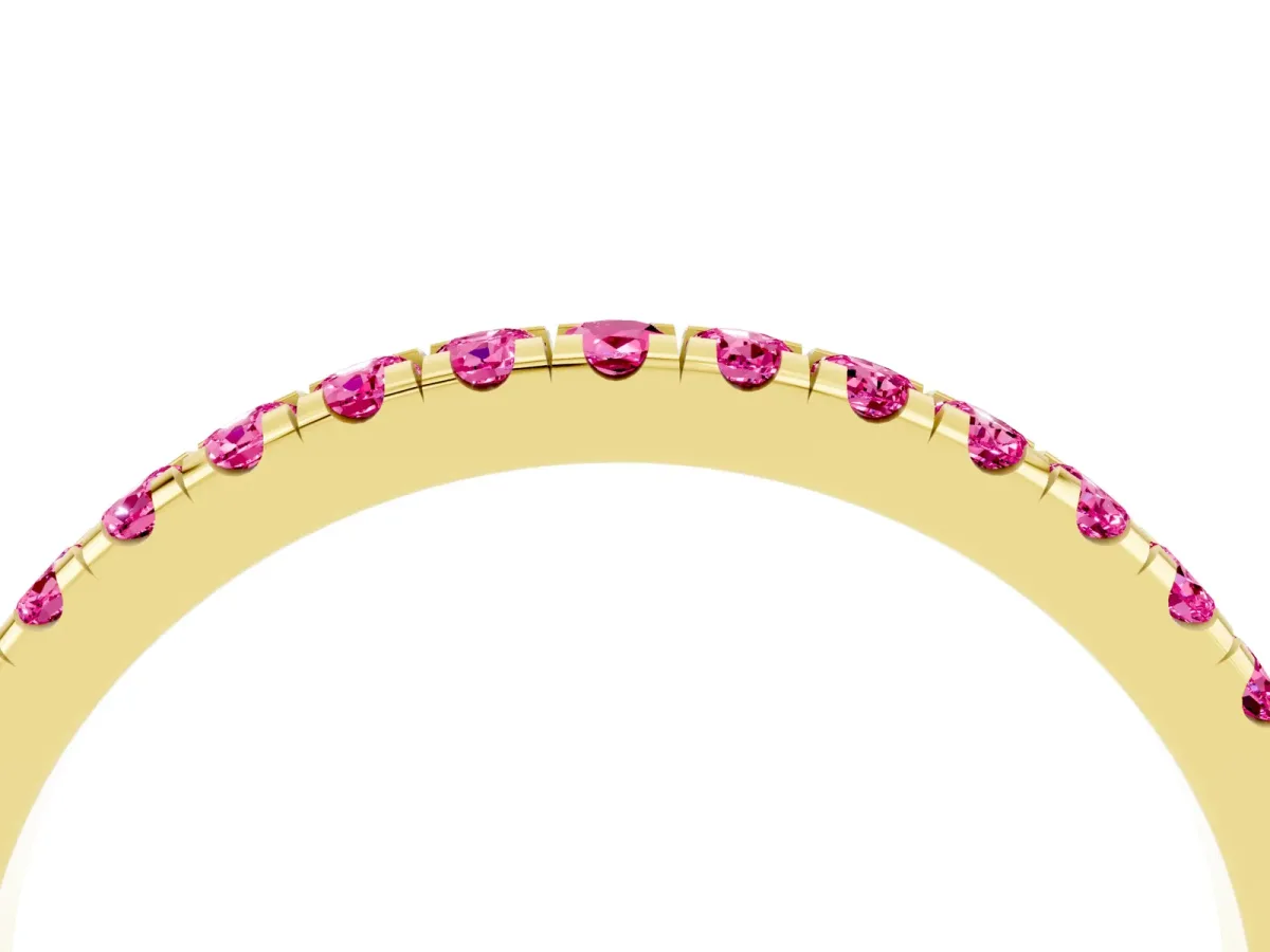 Pavé Round Pink Sapphire Half Eternity Band with Shared Prong Setting Yellow gold