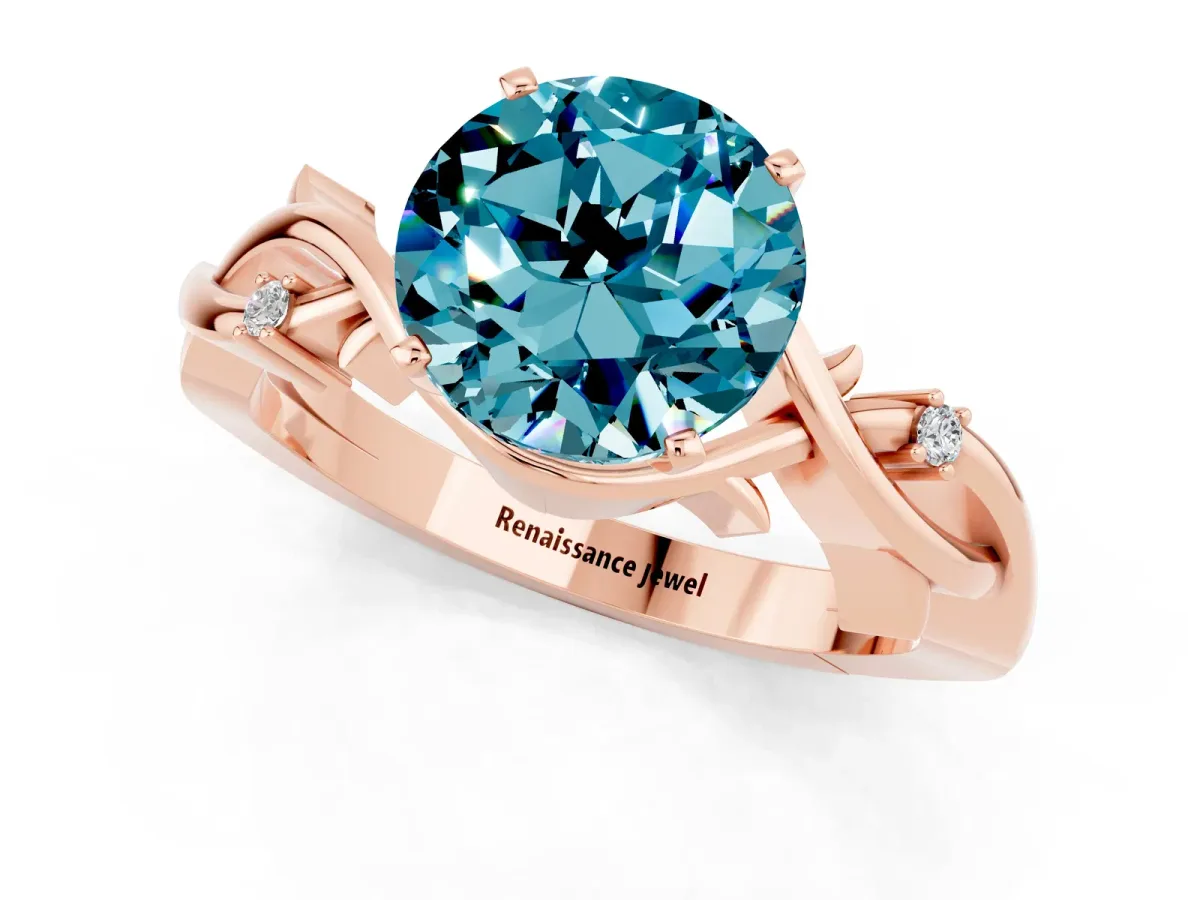 Round Cut Blue Topaz Solitaire Ring with Twisted Band and Prong Setting Rose gold