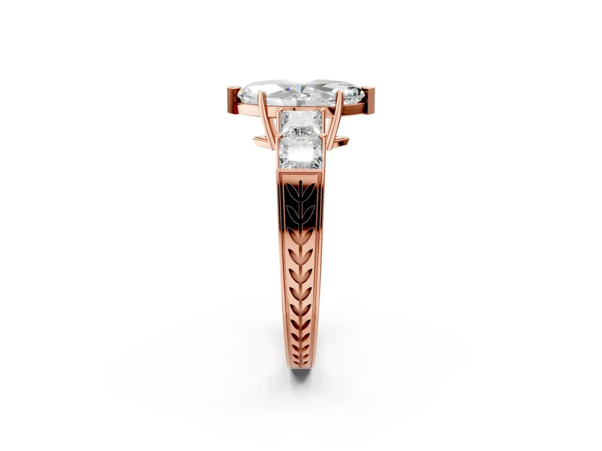 Marquise Cut Solitaire Princess Side Stone Engraved Band Prong Setting Ring Rose gold