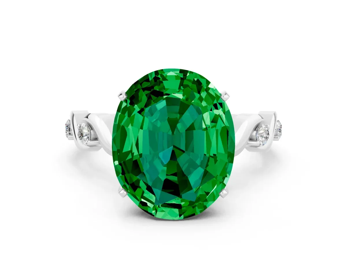 Oval Cut Emerald Solitaire Twisted Band with Round Accents and Prong Setting Silver