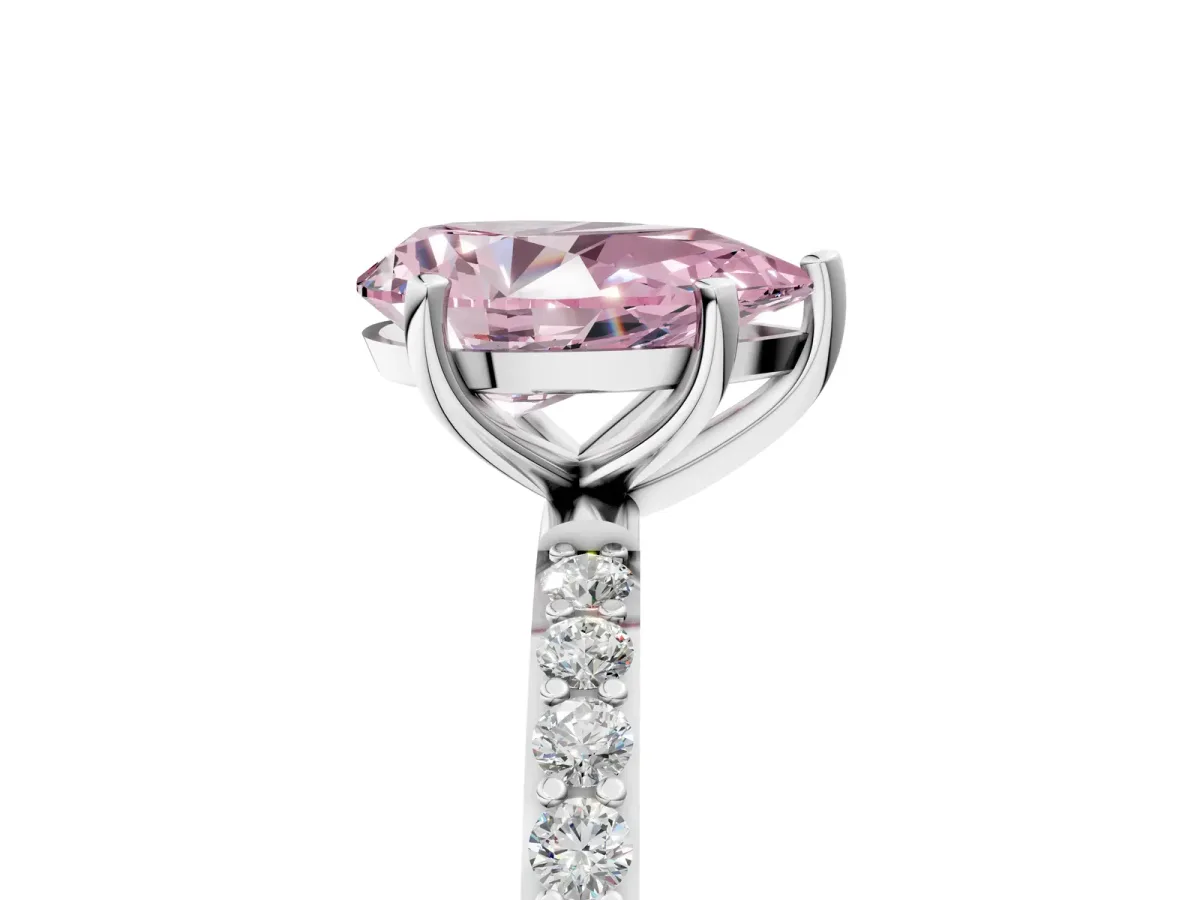 Fancy Pink Pear Cut Diamond Solitaire Ring with Round Pavé Shoulders and Prong Setting White gold