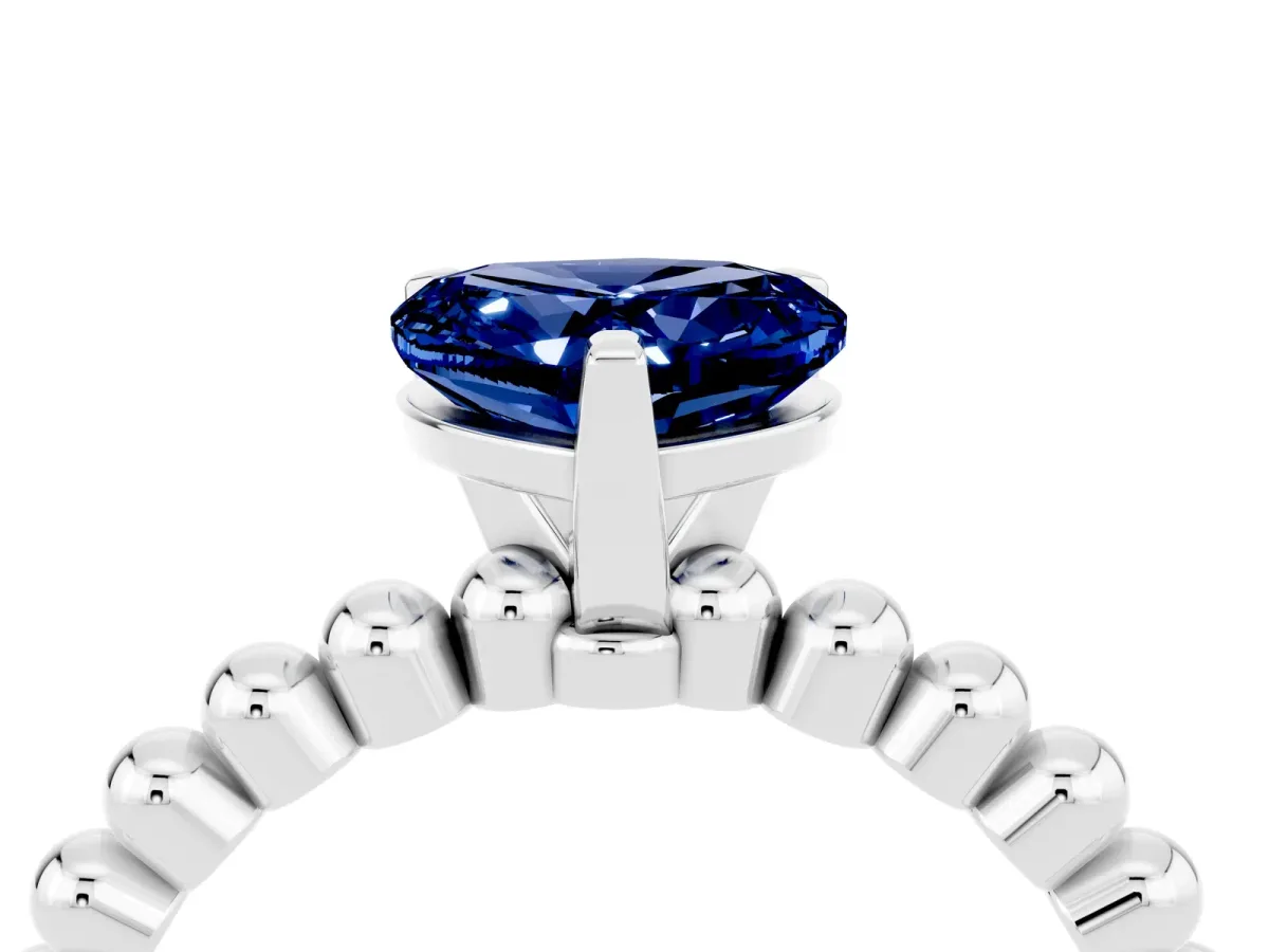 Heart Cut Blue Sapphire Solitaire Ring with Beaded Band and Prong Setting Silver