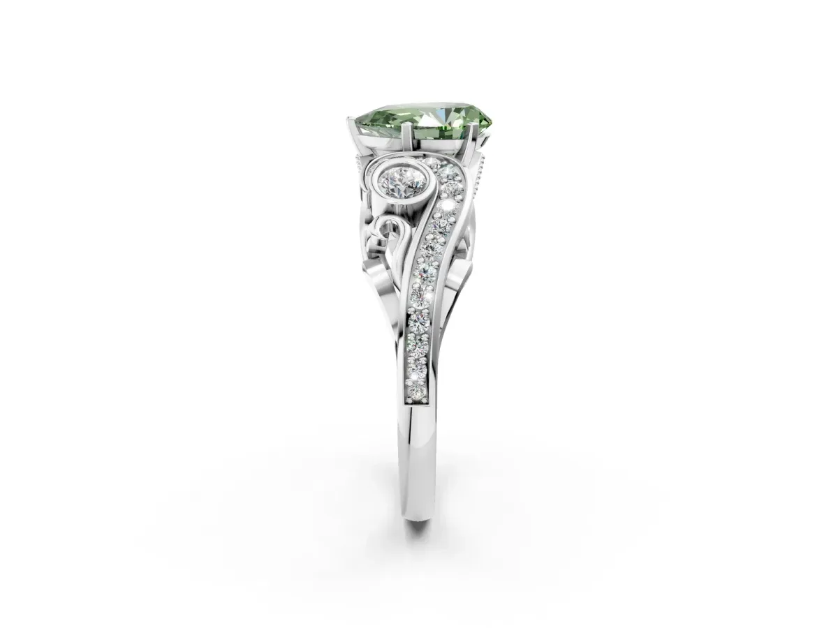 Fancy Green Pear Cut Diamond Solitaire Ring with Milgrain Pavé Band and Four-Prong Setting Silver
