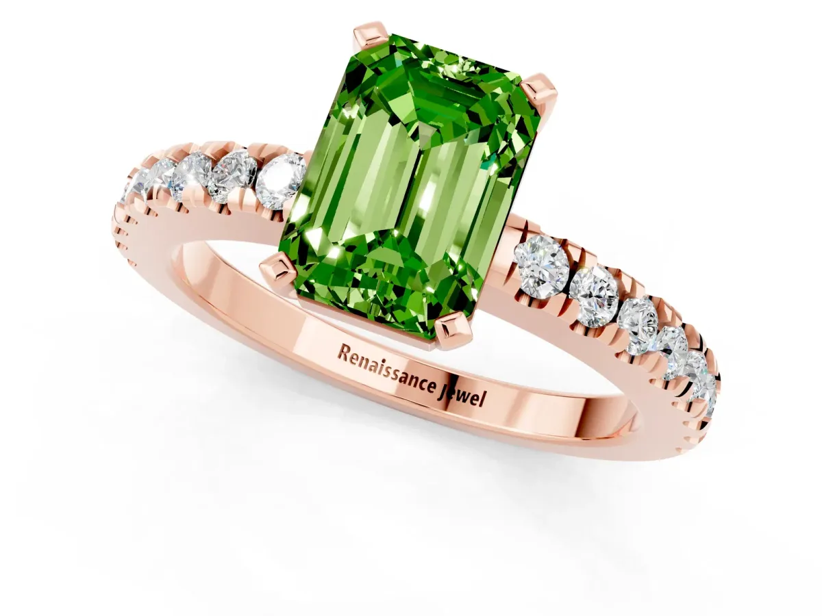 Emerald Cut Solitaire Peridot with Pavé Band and Four-Prong Setting Rose gold