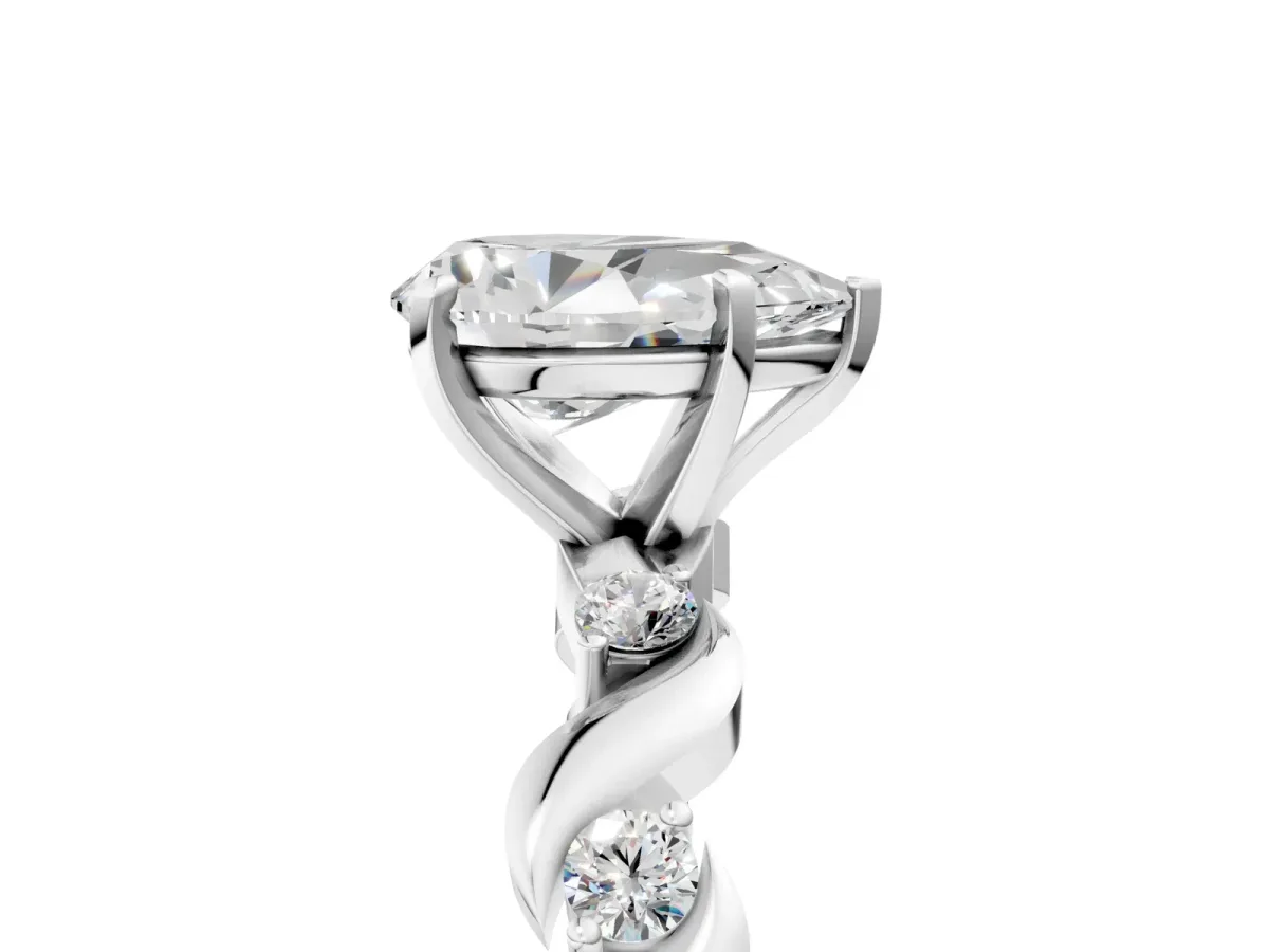 Pear Cut Diamond Solitaire Twisted Band with Round Accents and Prong Setting Silver