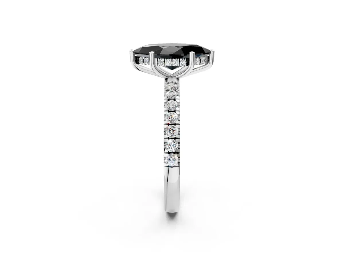 Fancy Black Marquise Cut Diamond Pave Band Solitaire Ring with Round and Prong Setting Silver