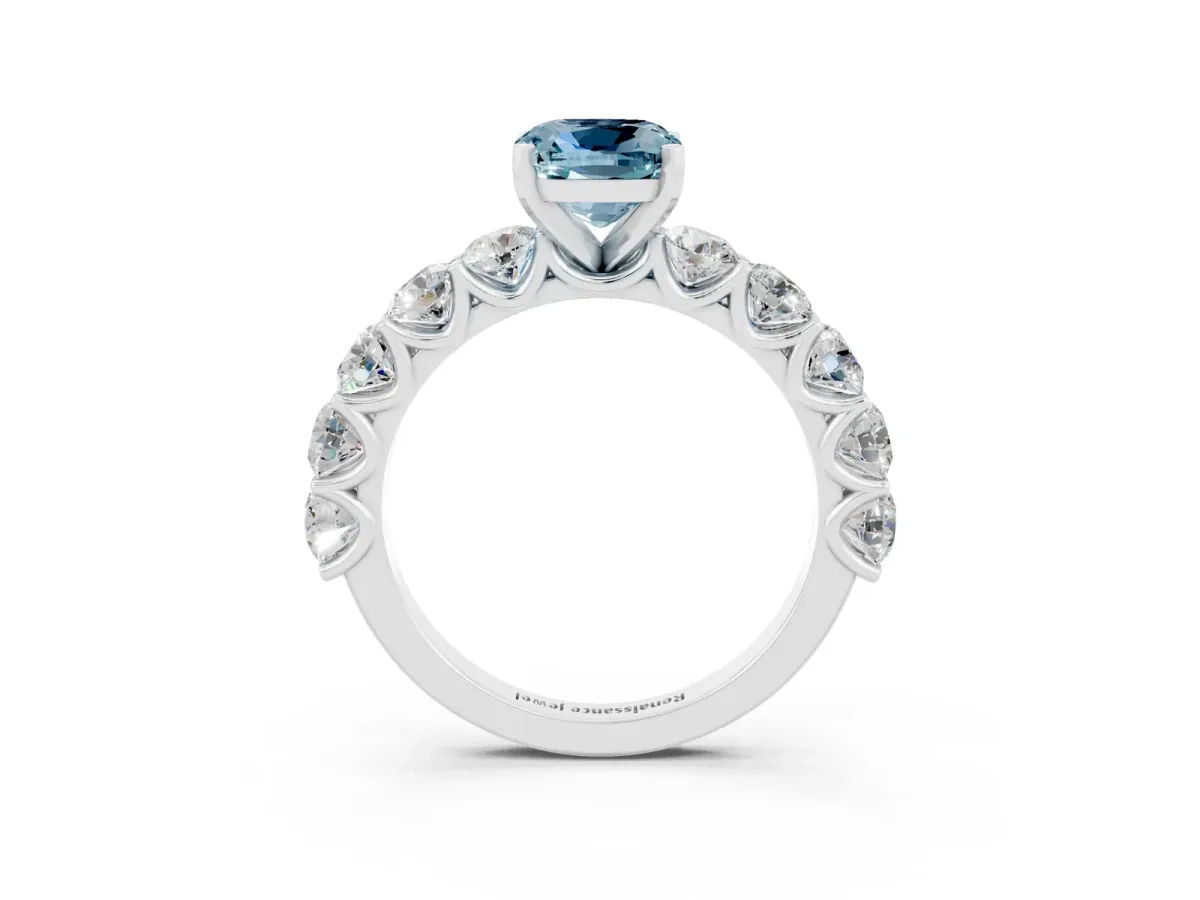 Cushion Cut Aquamarine Prong Setting with Side Stones on a Pave Band Silver