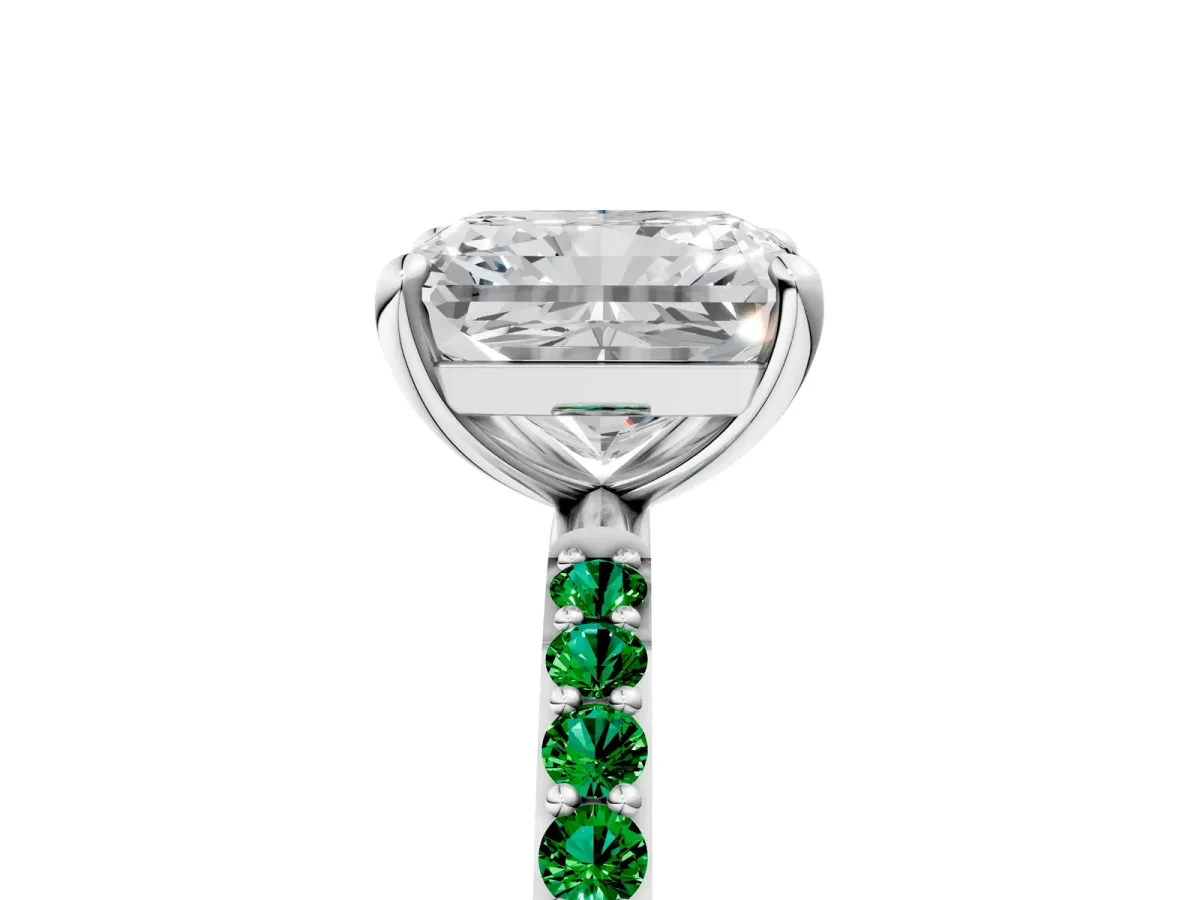 Radiant Cut Diamond Solitaire Ring with Round Emerald Pavé Band and Prong Setting Silver