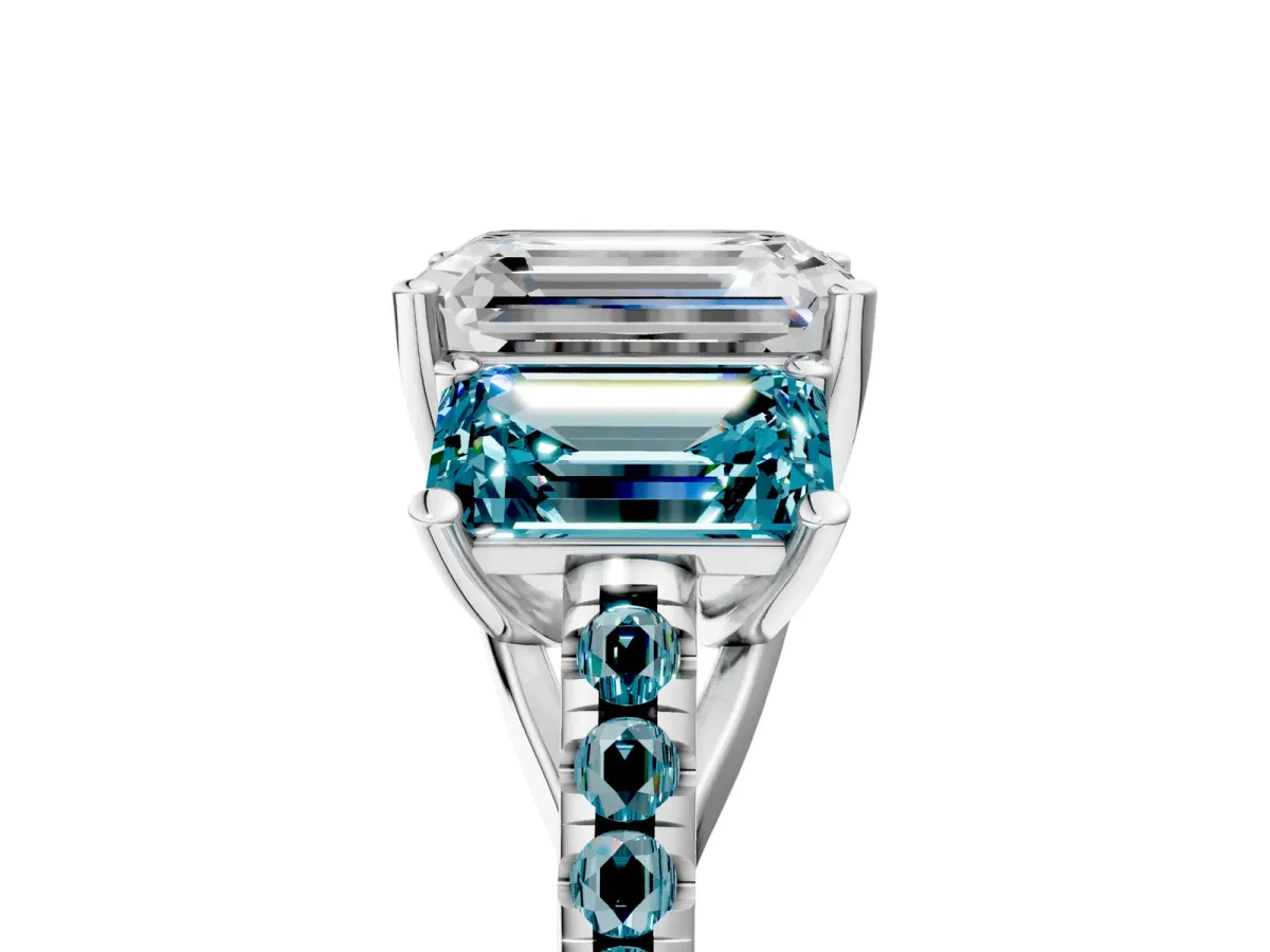 Three-Stone Emerald Cut Diamond Ring with Round Blue Topaz Pavé Band and Prong Setting Silver