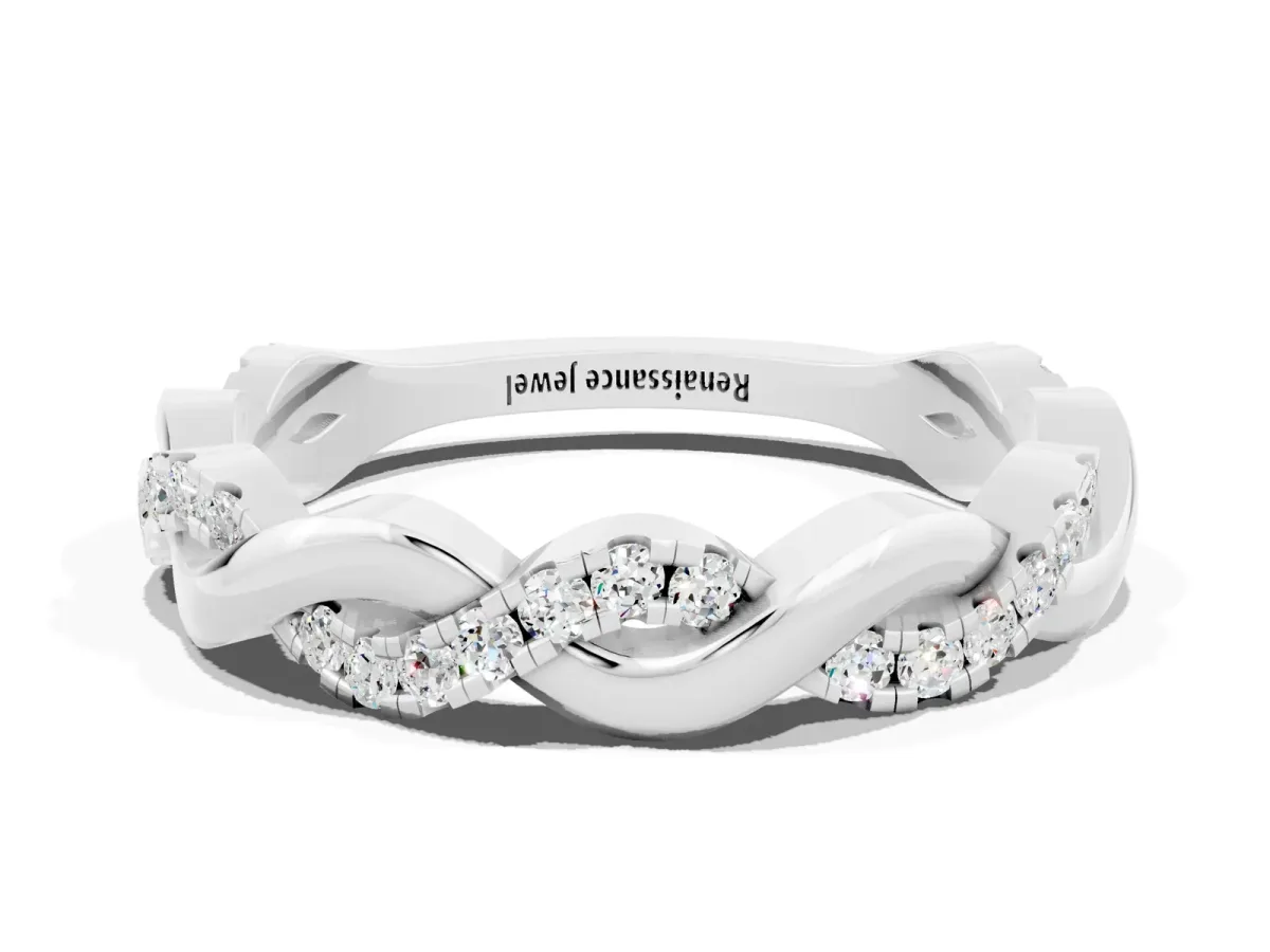 Pavé Round Moissanite Twist Eternity Band with Shared Prong Setting Platinum