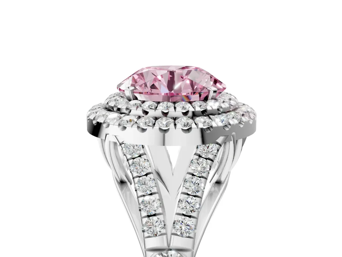 Fancy Pink Double Halo Round Cut Diamond Split Shank Engagement Ring with Four-Prong Setting White gold