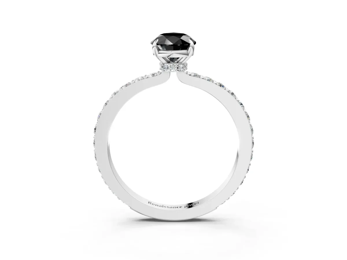 Fancy Black Pear Cut Diamond Solitaire Engagement Ring with Pavé Band and Four-Prong Setting Silver