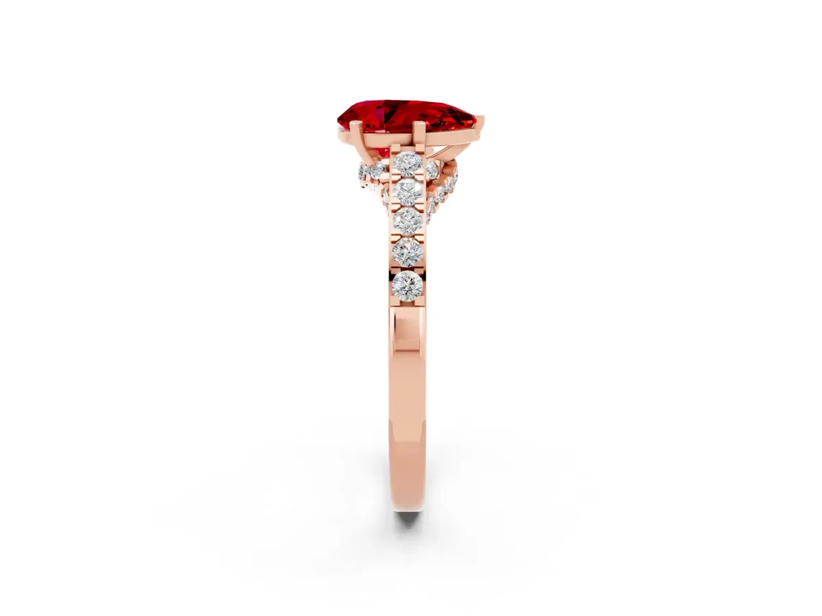 Pear Cut Ruby Solitaire Ring with Crossover Gallery and Round Pavé Band Rose gold