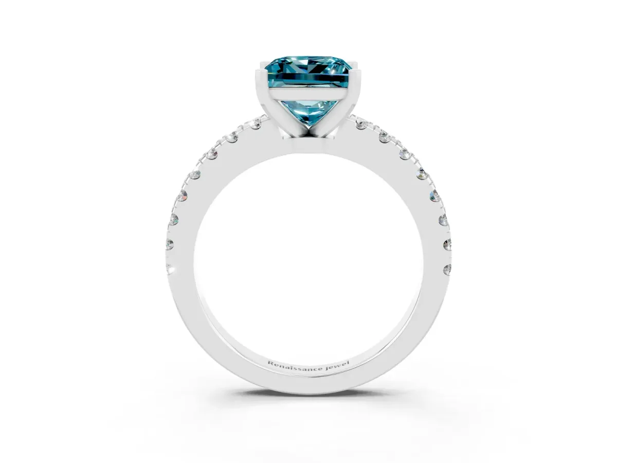 Princess Cut Solitaire Blue Topaz with Pavé Band and Four-Prong Setting Silver