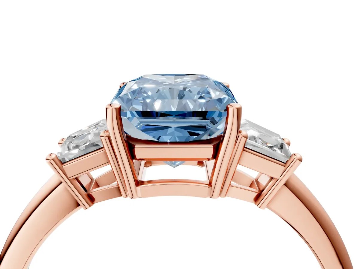 Fancy Blue Radiant Cut Diamond Three-Stone Ring with Trapezoid Side Stones and Prong Setting Rose gold