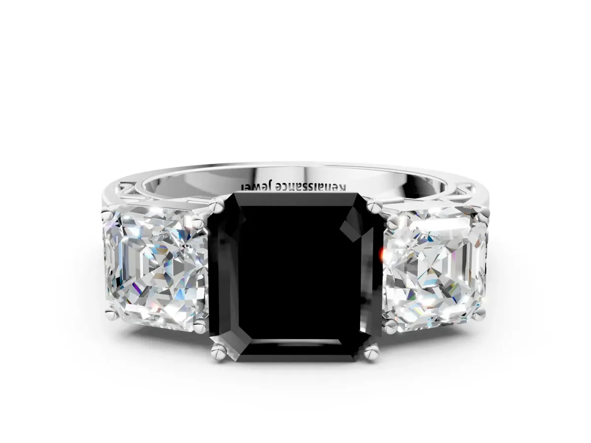 Fancy Black Asscher Cut Diamond Three-Stone Ring with Prong Setting and Textured Band Platinum