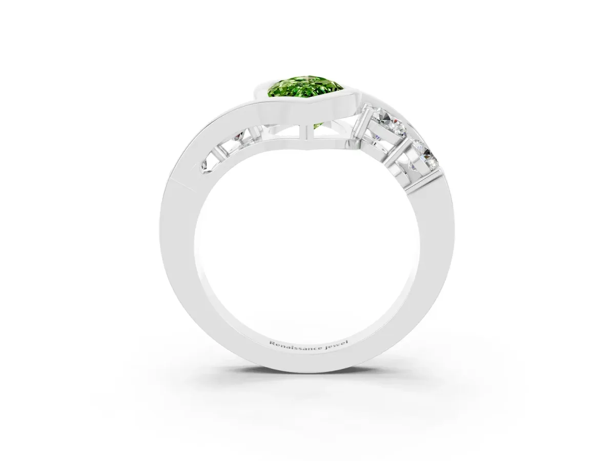 Bezel Set Marquise Cut Peridot Bypass Ring with Round Accents Platinum