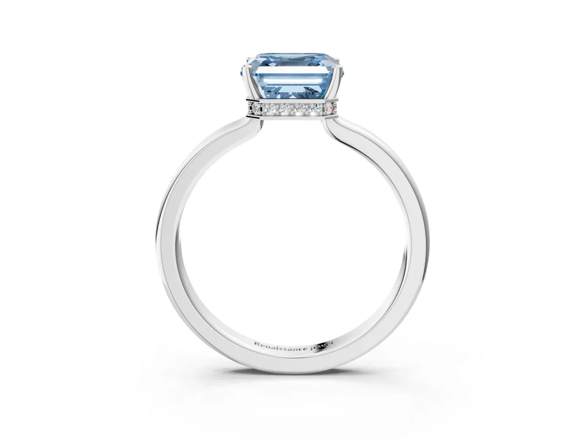 Fancy Blue Asscher Cut Cut Solitaire Engagement Ring with Four-Prong Setting on a Classic Band Platinum