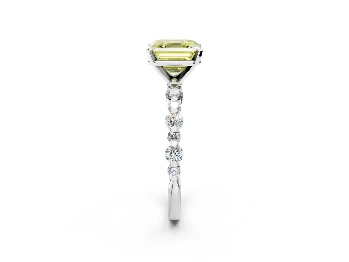 Fancy Yellow Asscher Cut Diamond Prong Set Engagement Ring with Pavé Band Platinum