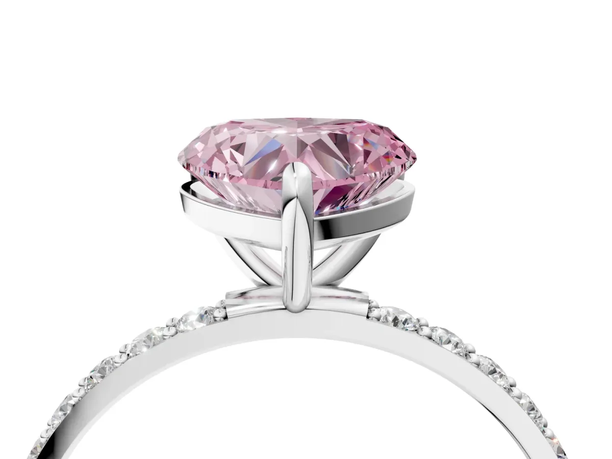 Fancy Pink Heart Cut Diamond Solitaire Ring with Round Pavé Band and Prong Setting Silver