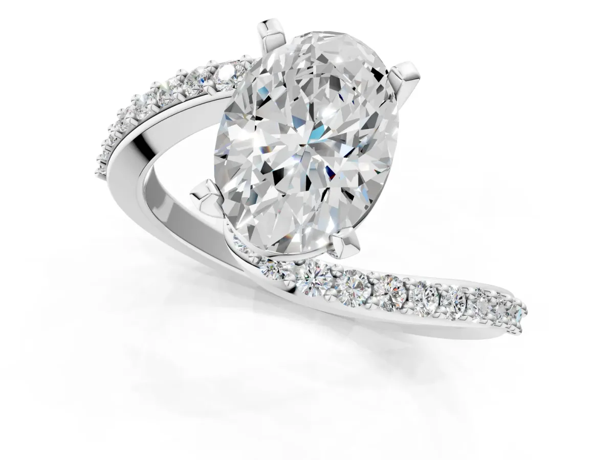 Oval Cut Solitaire Twist Band with Pave Set Diamonds and Four-Prong Setting Platinum