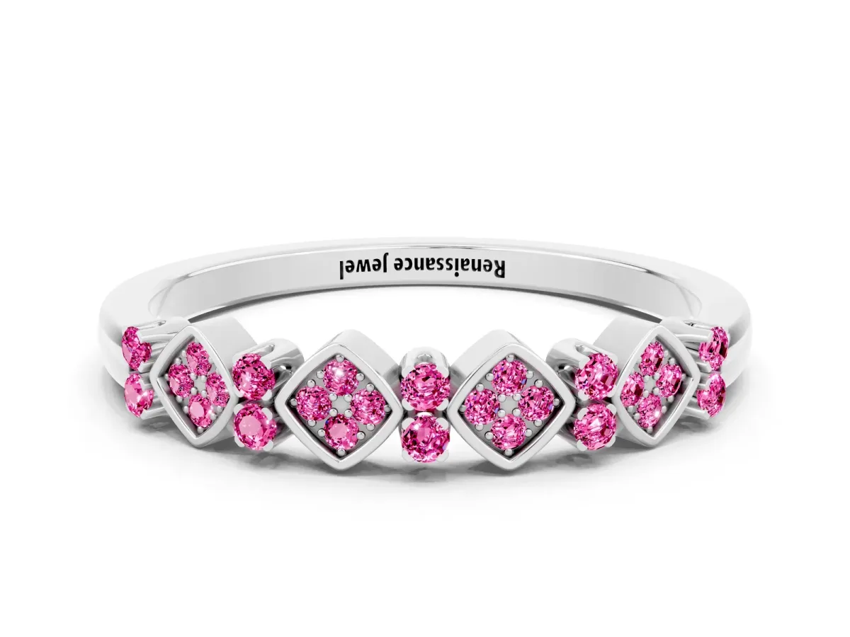 Pavé Cushion Pink Sapphire Cluster Eternity Band with Prong Setting Silver