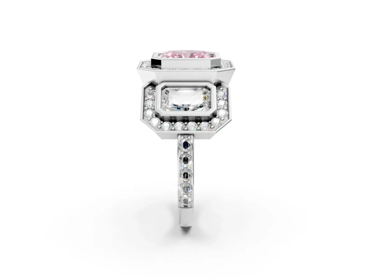 Fancy Pink Three-Stone Radiant Cut Halo Pavé Diamond Ring Platinum
