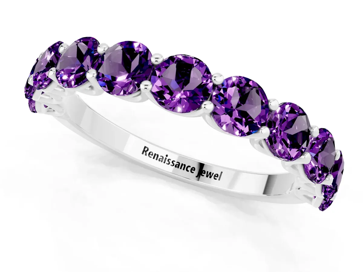 Round Amethyst Shared Prong Eternity Band Silver