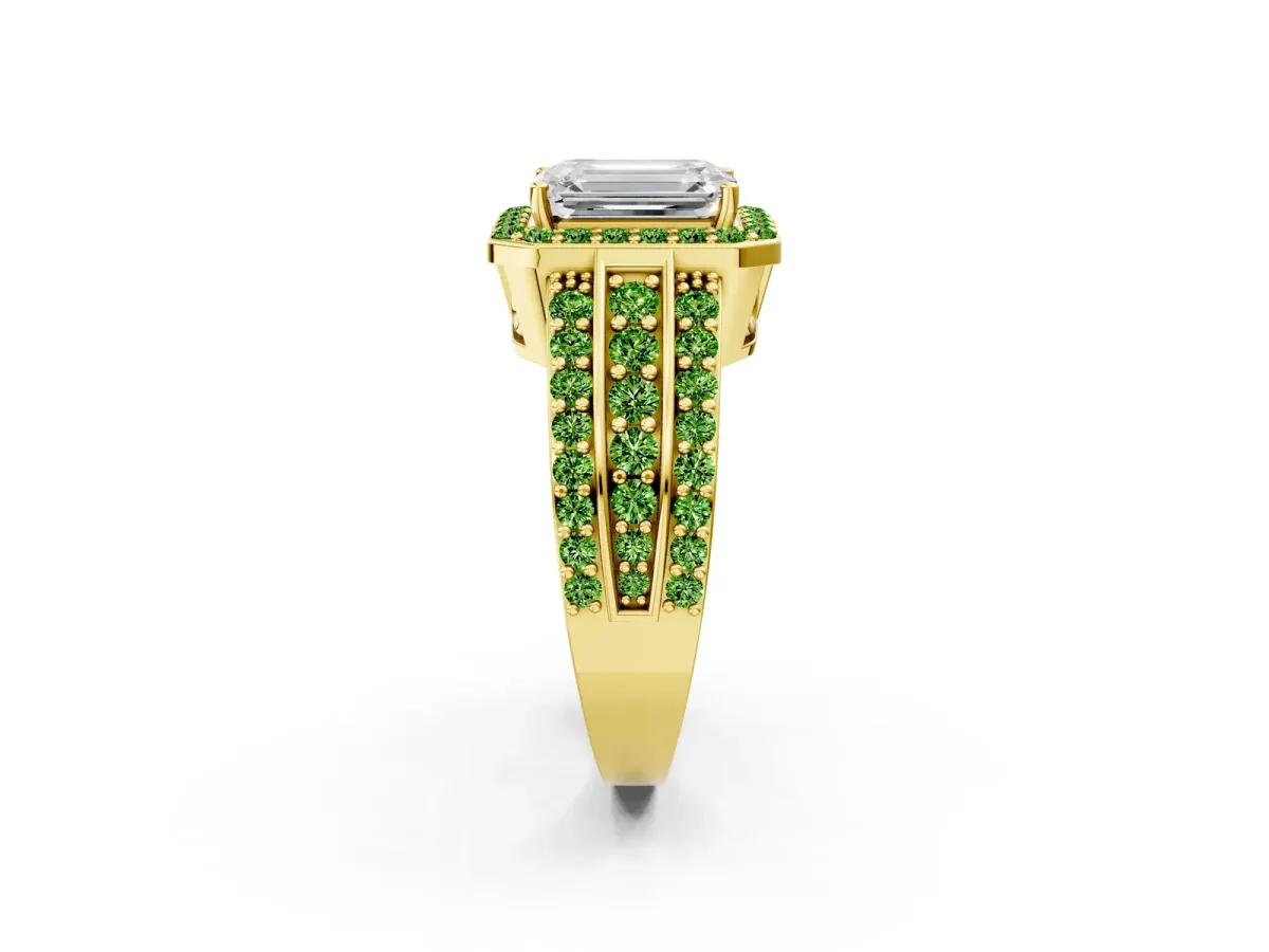 Emerald Cut Halo Diamond Ring with Round Peridot Split Shank and Prong Setting Yellow gold