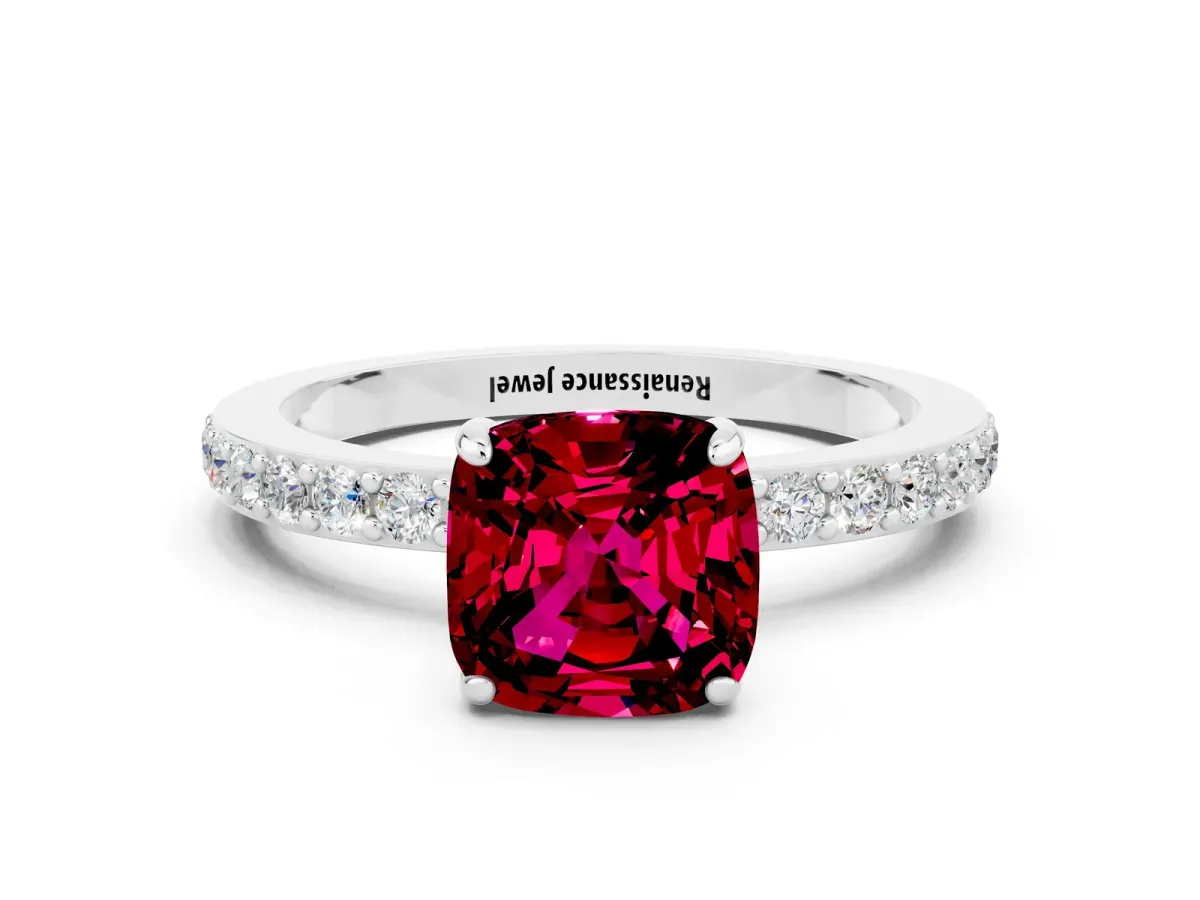 Cushion Cut Garnet Solitaire Engagement Ring with Pavé Band and Four-Prong Setting Silver