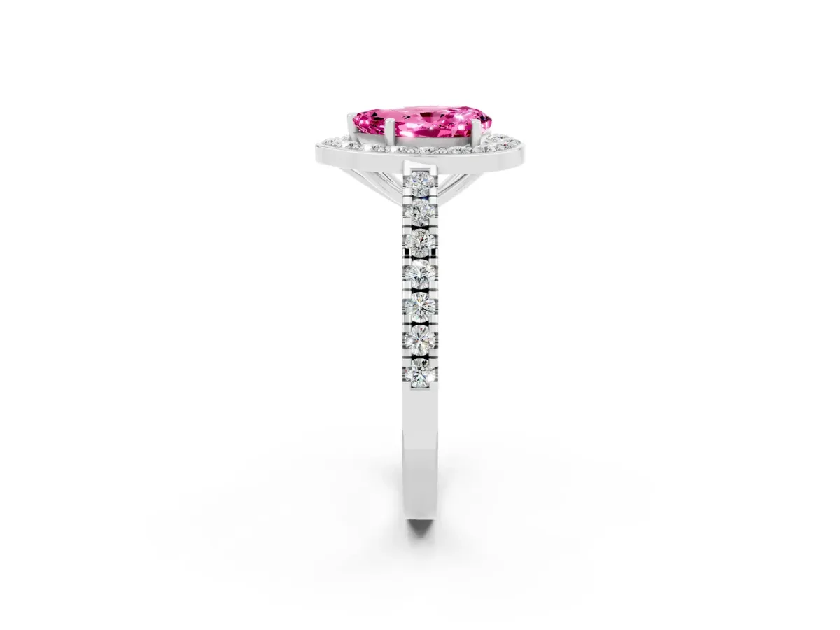 Pear Cut Pink Sapphire Halo Ring with Round Pavé Split Shank and Prong Setting Platinum