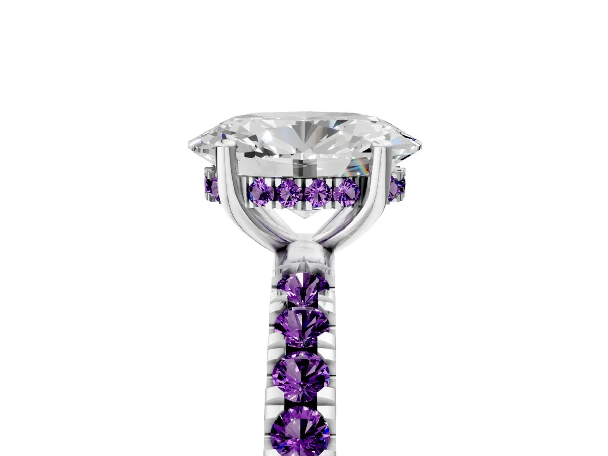 Oval Cut Diamond Pave Band Solitaire Ring with Round Amethyst and Prong Setting Platinum