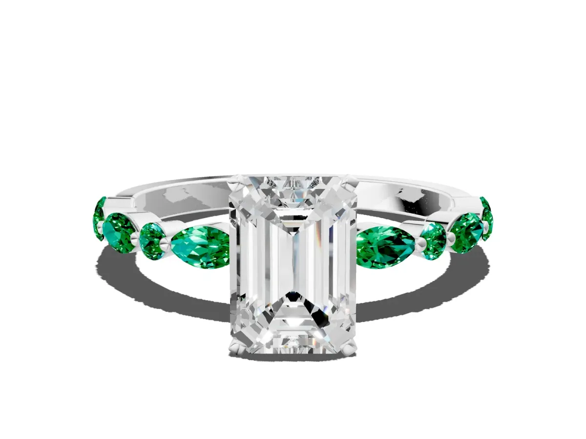 Emerald Cut Diamond Ring with Marquise and Round Emerald Side Stones and Four-Prong Setting Silver