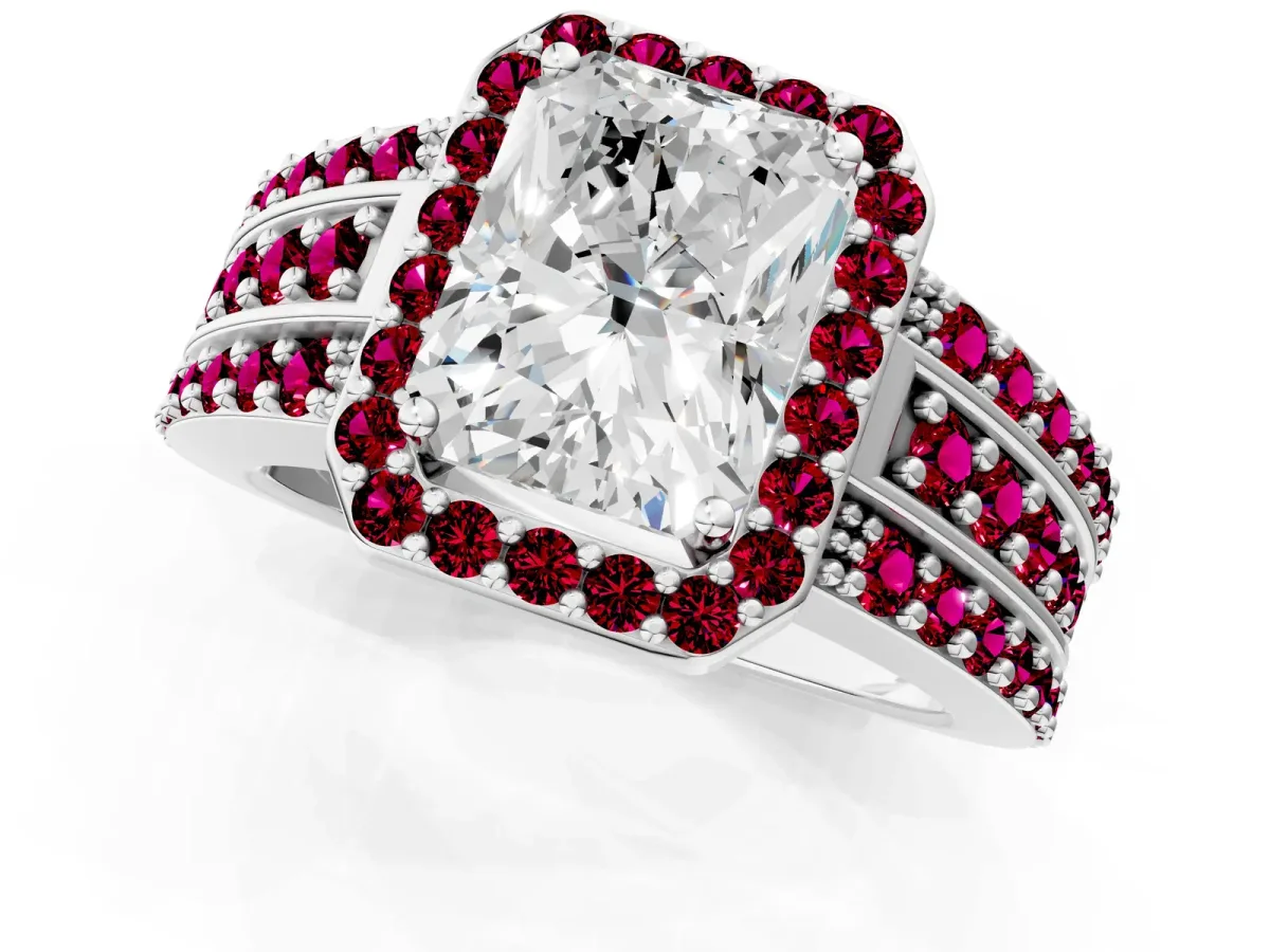 Radiant Cut Halo Diamond Ring with Round Garnet Split Shank and Prong Setting Platinum
