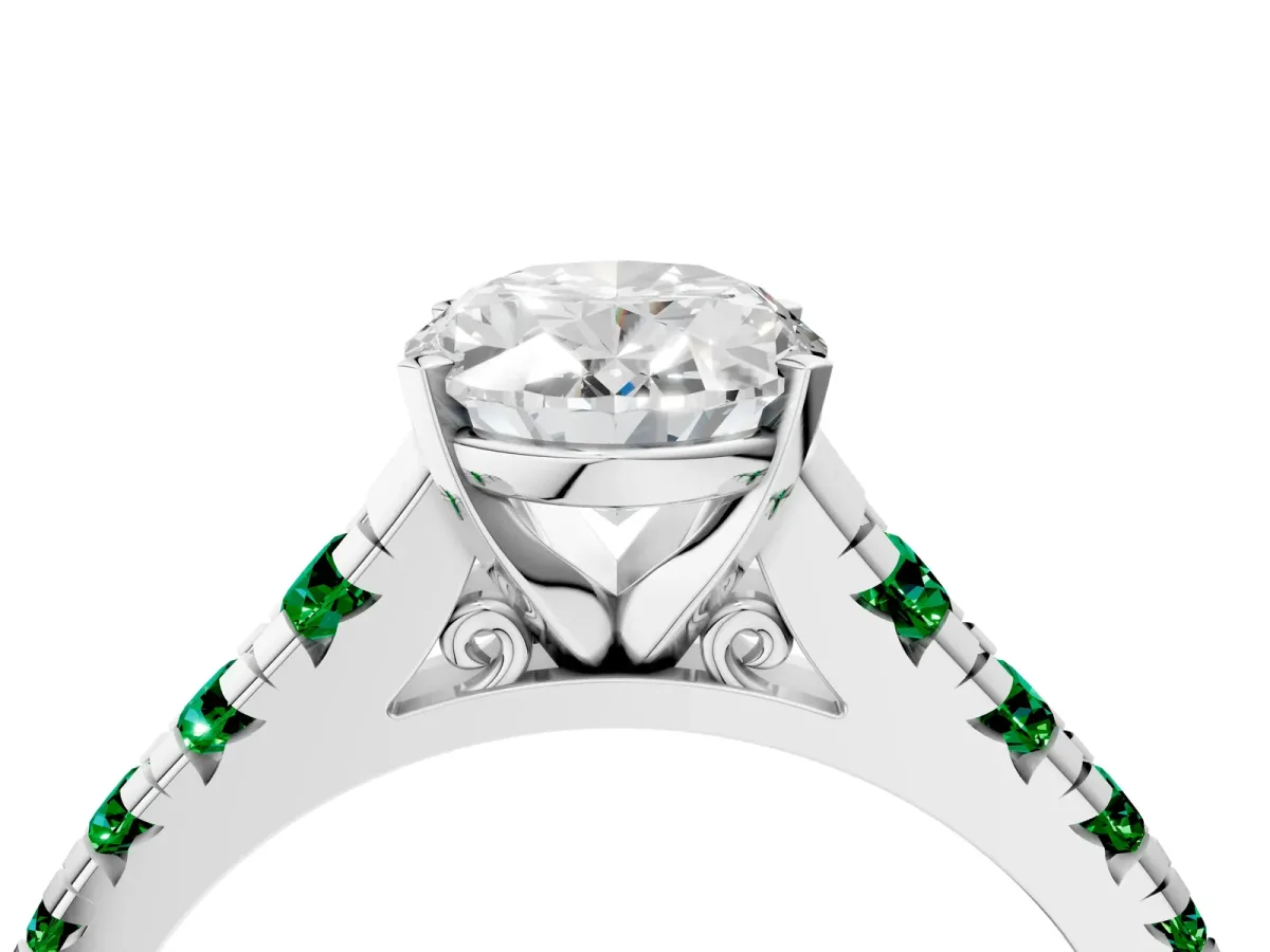 Oval Cut Diamond Cathedral Solitaire Ring with Round Emerald Pavé Band Silver