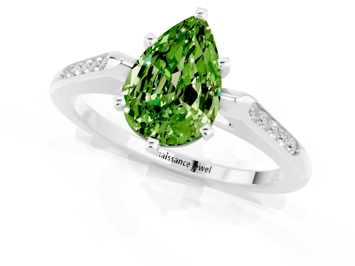 Pear Cut Peridot Solitaire Ring with Channel Set Round Band and Prong Setting Silver