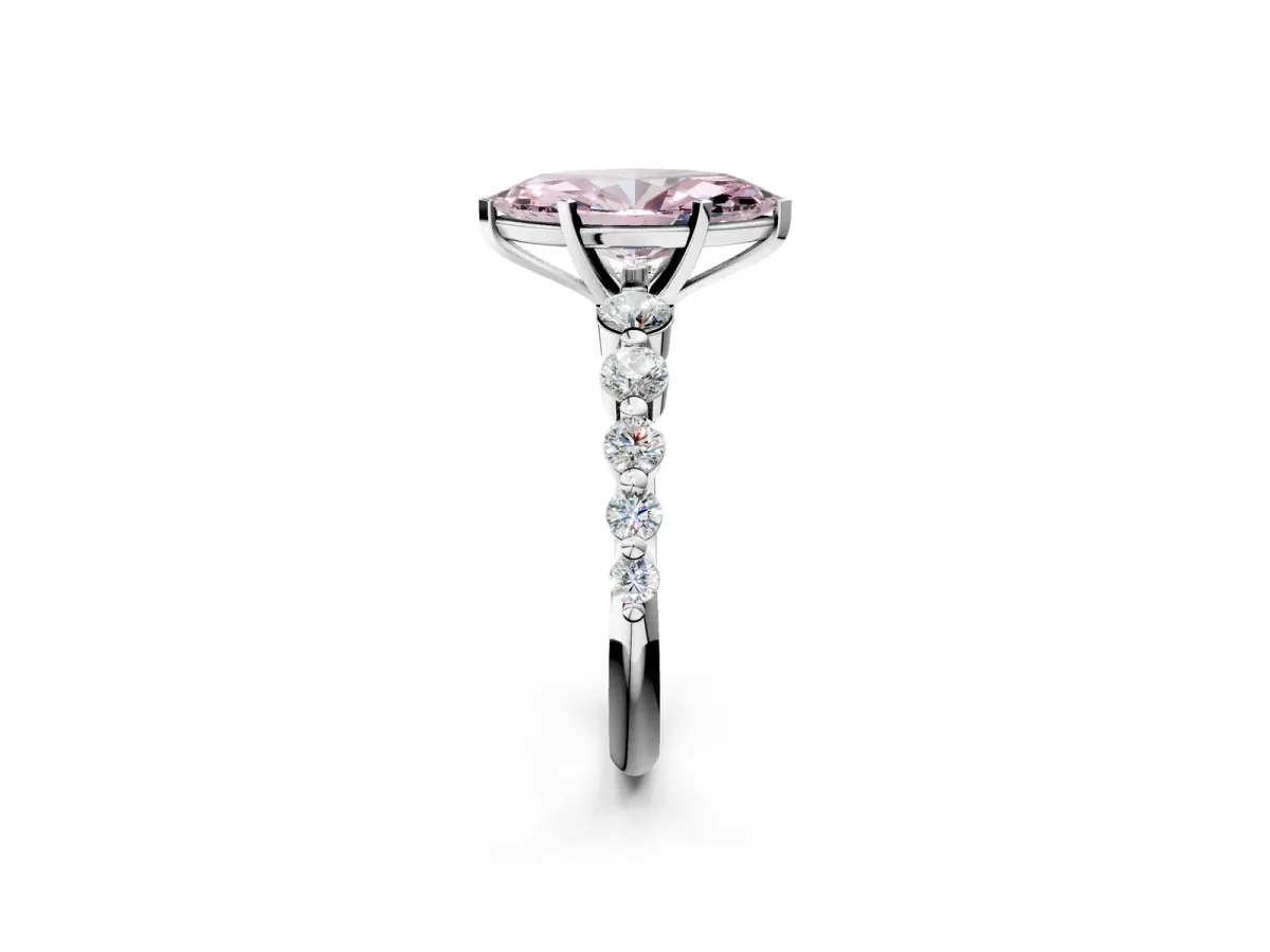 Fancy Pink Marquise Cut Solitaire Diamond Ring with Pave Band and Four-Prong Setting Silver