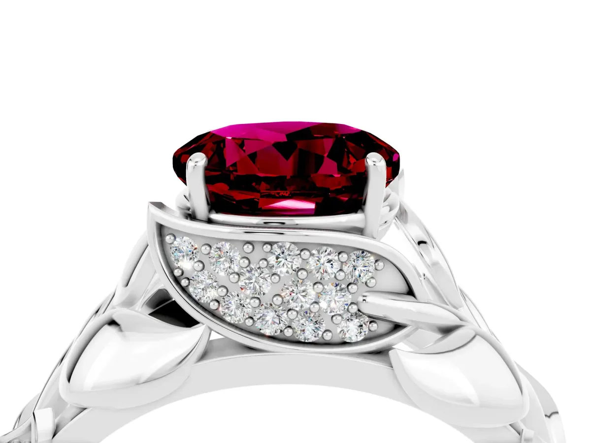 Round Cut Garnet Leaf-Inspired Engagement Ring with Round Accents and Prong Setting Silver