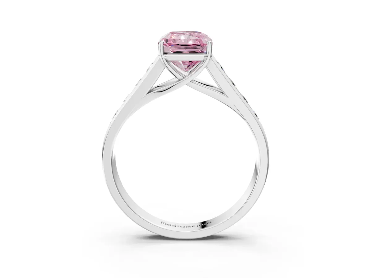 Fancy Pink Radiant Cut Brilliant Channel-Set Solitaire Ring with Four-Prong Setting Platinum