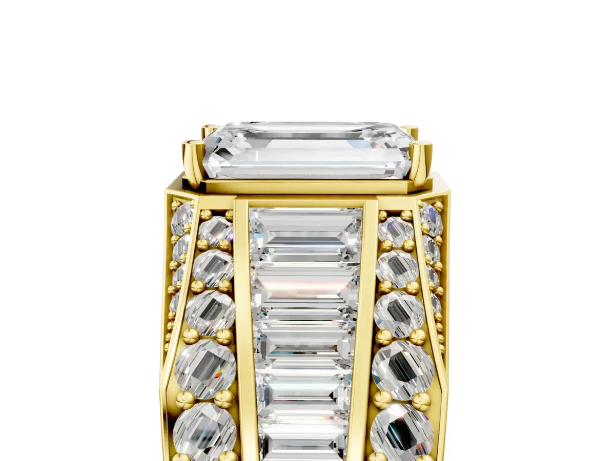 Emerald Cut Diamond Mens Ring with Baguette Side Stones Yellow gold