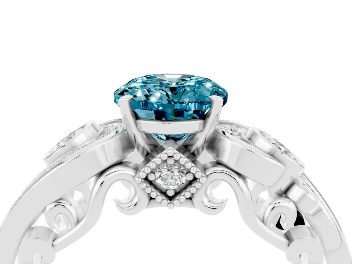 Oval Cut Blue Topaz Solitaire Ring with Milgrain Pavé Band and Four-Prong Setting Silver