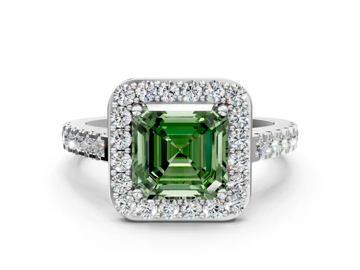 Fancy Green Asscher Cut Diamond Halo Ring with Round Pavé Split Shank and Prong Setting Platinum