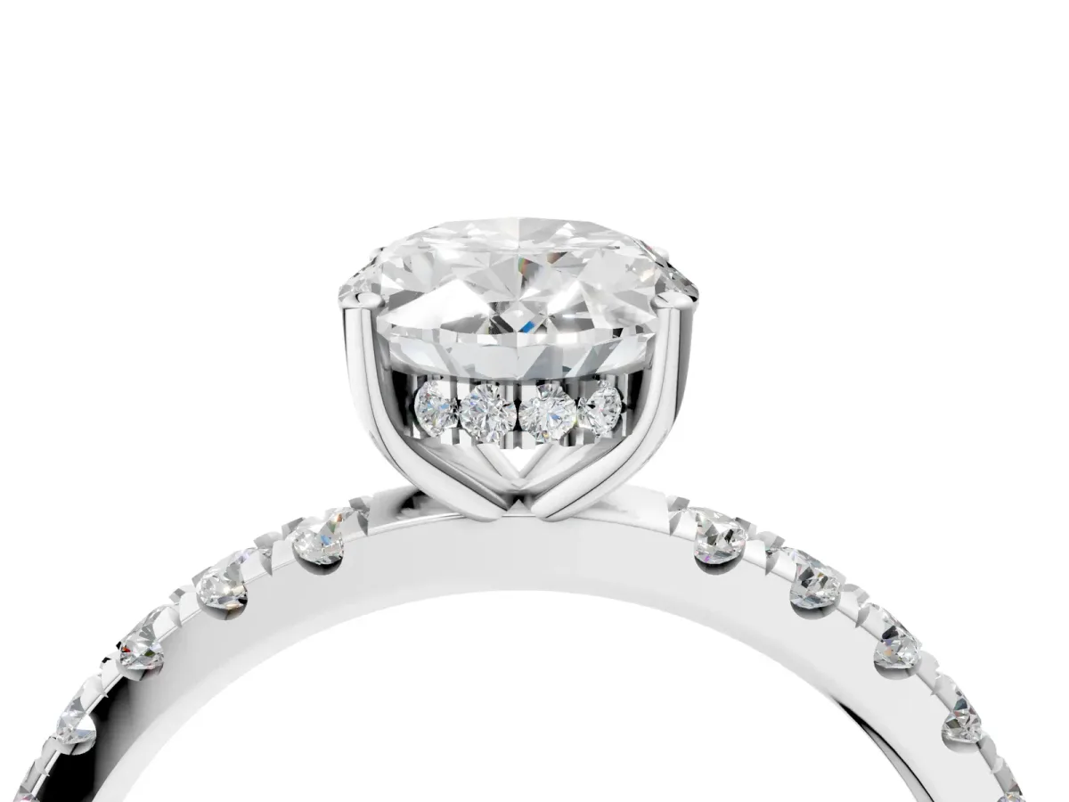 Oval Cut Diamond Pave Band Solitaire Ring with Round and Prong Setting Platinum