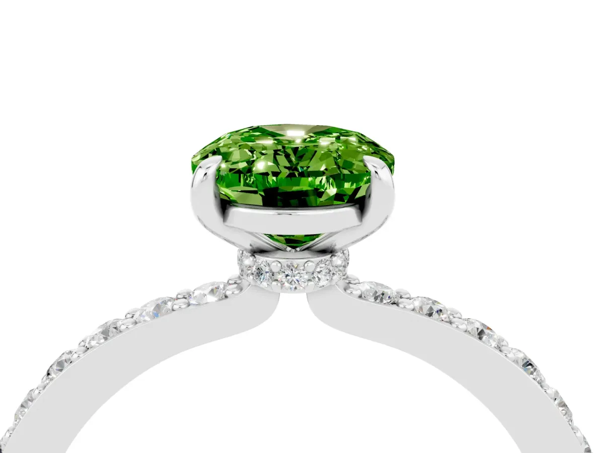 Oval Cut Peridot Solitaire Engagement Ring with Pavé Band and Four-Prong Setting Silver