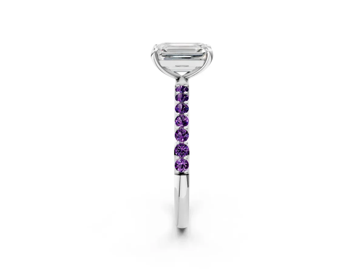 Emerald Cut Diamond Solitaire Ring with Round Amethyst Pavé Band and Prong Setting Silver