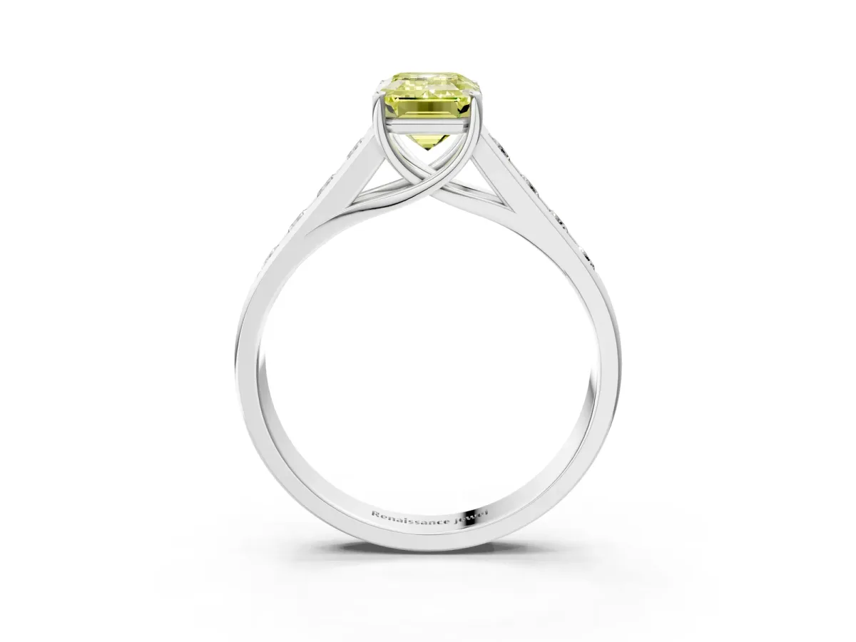 Fancy Yellow Emerald Cut Brilliant Channel-Set Solitaire Ring with Four-Prong Setting White gold